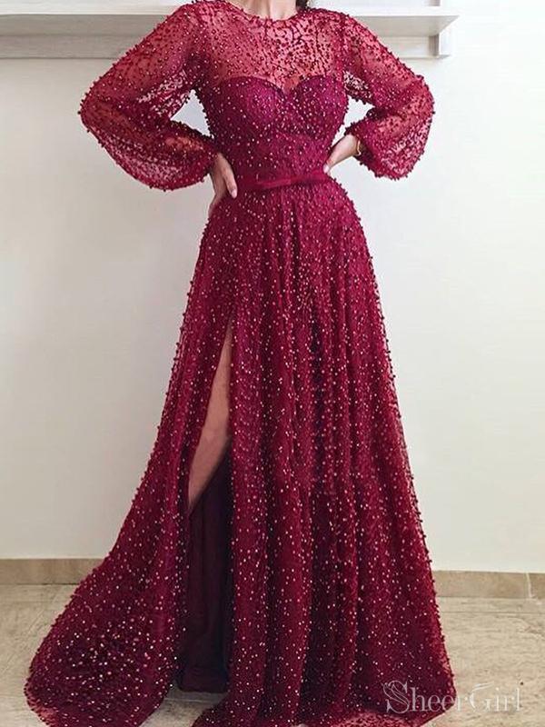 Long Sleeve Burgundy Prom Dresses with Slit Sparkly Formal Dress