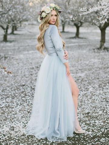 Long Sleeve Dusty Blue Wedding Dresses With Slit V Neck Velvet Rustic Wedding Dress AWD1259-SheerGirl