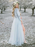 Long Sleeve Dusty Blue Wedding Dresses With Slit V Neck Velvet Rustic Wedding Dress AWD1259-SheerGirl
