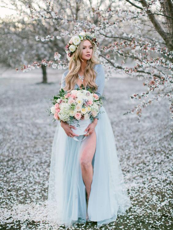 Long Sleeve Dusty Blue Wedding Dresses With Slit V Neck Velvet Rustic Wedding Dress AWD1259-SheerGirl