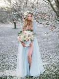 Long Sleeve Dusty Blue Wedding Dresses With Slit V Neck Velvet Rustic Wedding Dress AWD1259-SheerGirl