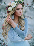 Long Sleeve Dusty Blue Wedding Dresses With Slit V Neck Velvet Rustic Wedding Dress AWD1259-SheerGirl