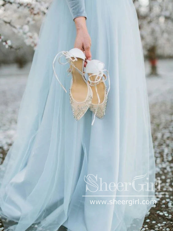 Long Sleeve Dusty Blue Wedding Dresses With Slit V Neck Velvet Rustic Wedding Dress AWD1259-SheerGirl