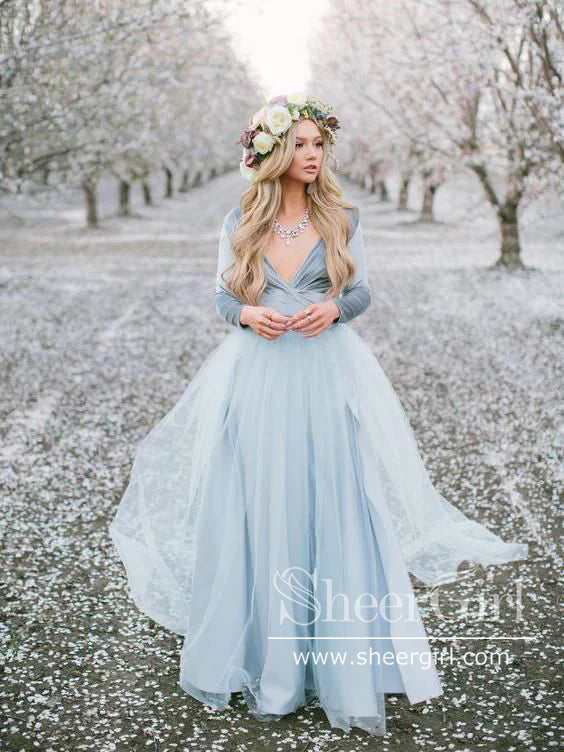 Long Sleeve Dusty Blue Wedding Dresses With Slit V Neck Velvet