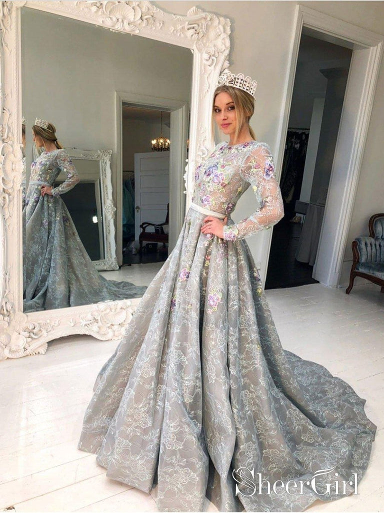 Long Sleeve Grey Lace Graduation Dresses for Junior Beaded Long Evening Prom Dress APD3433-SheerGirl