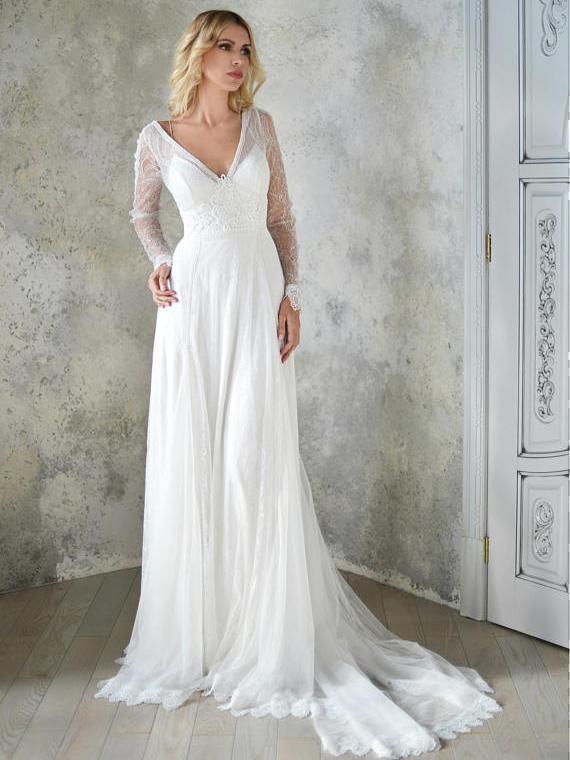 Long Sleeve Ivory Lace Beach Wedding Dresses Backless Boho Wedding Dress AWD1194-SheerGirl