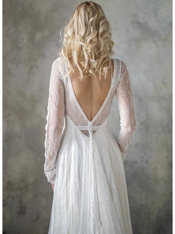 Long Sleeve Ivory Lace Beach Wedding Dresses Backless Boho Wedding Dress AWD1194-SheerGirl