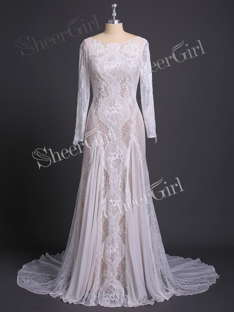 Long Sleeve Ivory Lace Wedding Dresses See Through Backless Boho Wedding Dresses AWD1115-SheerGirl