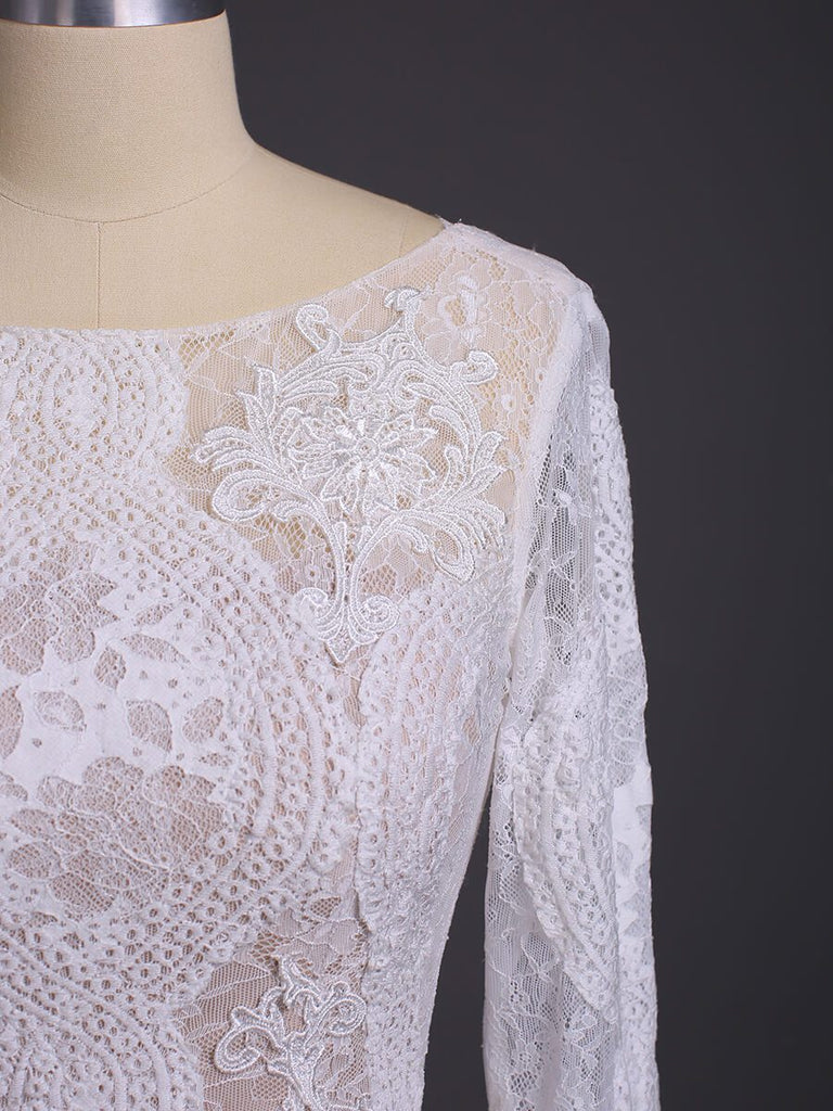 Long Sleeve Ivory Lace Wedding Dresses See Through Backless Boho Wedding Dresses AWD1115-SheerGirl