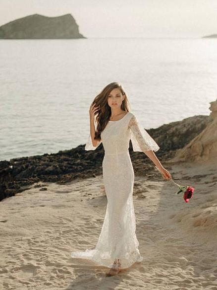 Long Sleeve Lace Bohemian Wedding Dresses See Through Beach Wedding Dress AWD1181-SheerGirl