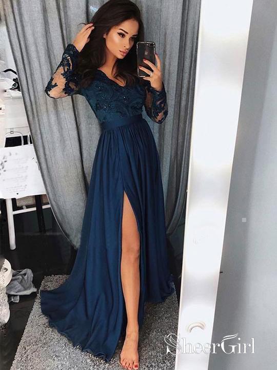 Long Sleeve Lace Prom Dresses See Through Thigh Split Evening Gowns ARD1442 Long Sleeve Lace Prom Dresses See Through Thigh Split Evening Gowns ARD1442