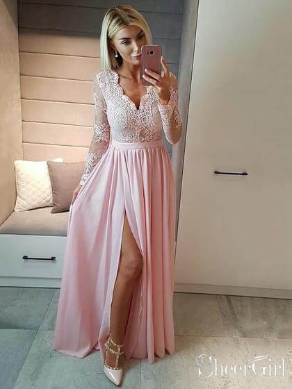 pink lace dress with sleeves Long Sleeve Lace Prom Dresses See Through Thigh Split Evening Gowns ARD1442