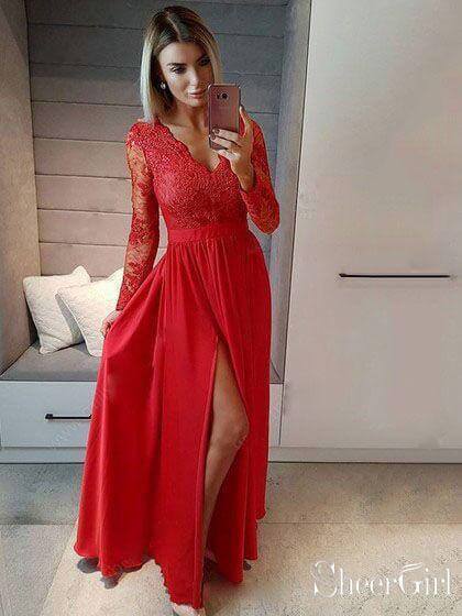 Long Sleeve Lace Prom Dresses See Through Thigh Split Evening Gowns ARD1442-SheerGirl