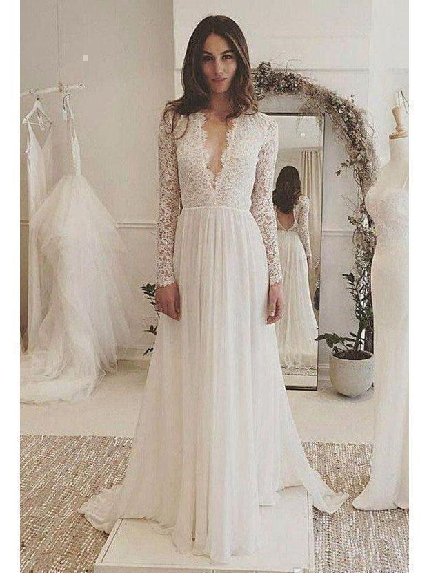Long Sleeve Lace Top Beach Wedding Dresses V Neck Chiffon Wedding Dres –  SheerGirl