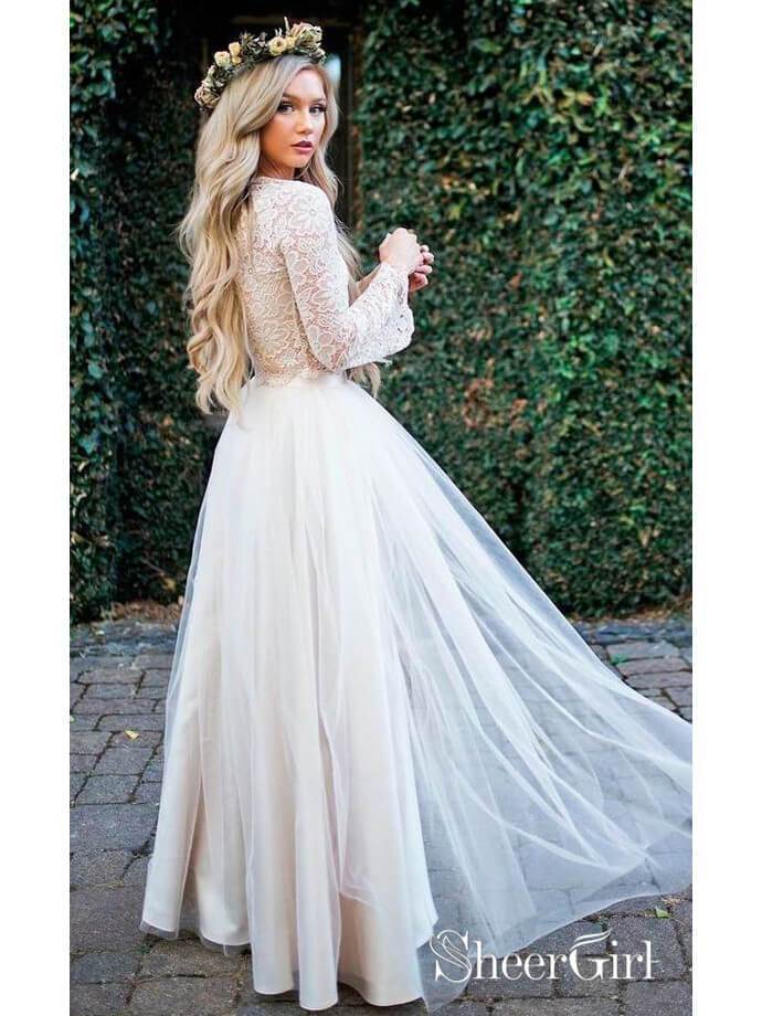 Long Sleeve Lace Top Beach Wedding Dresses With Slit Cheap Rustic Wedding Dress AWD1260 Long Sleeve Lace Top Beach Wedding Dresses With Slit Cheap Rustic Wedding Dress AWD1260