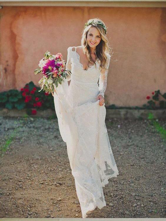 Long Sleeve Lace Wedding Dresses V Neck Ivory Vintage Beach Wedding Dresses AWD1121 Long Sleeve Lace Wedding Dresses V Neck Ivory Vintage Beach Wedding Dresses AWD1121