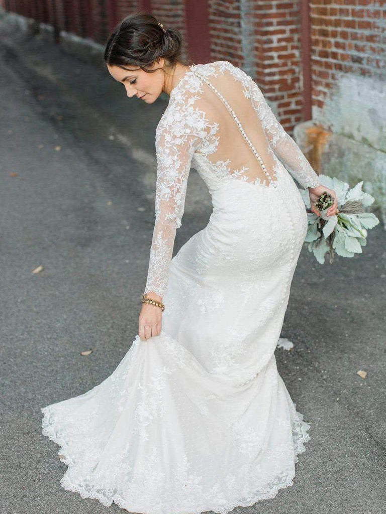 Long Sleeve Modest Sheath Lace Wedding Dresses with Court Train AWD1290-SheerGirl