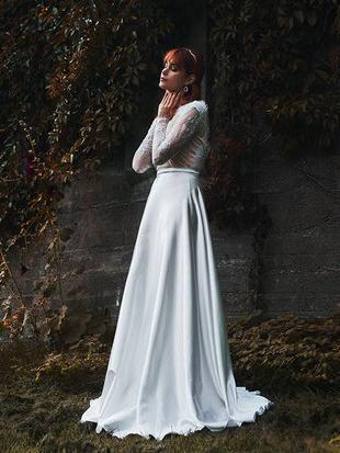Long Sleeve Modest White Wedding Dresses Satin Plus Size Beach Wedding Dress AWD1193-SheerGirl
