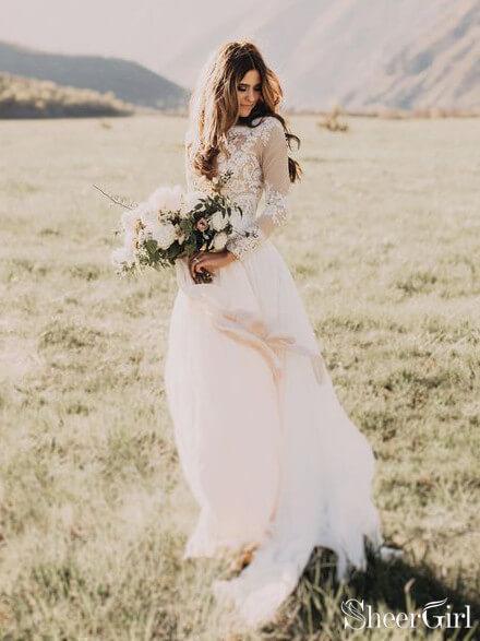 Long Sleeve Rustic Weding Dresses Lace Appliqued Ivory Beach Wedding Dress  – SheerGirl