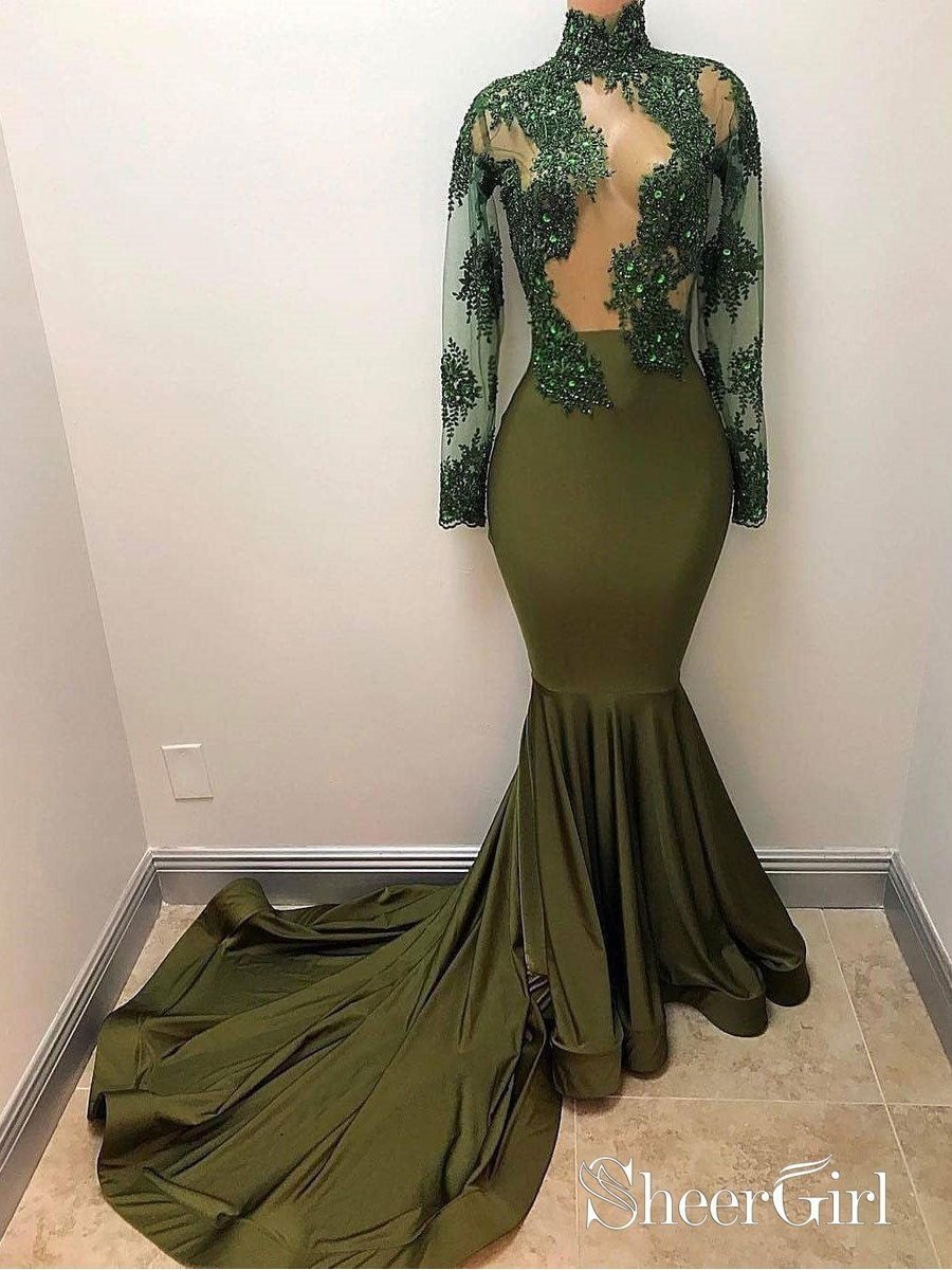 Long Sleeve See Through Beaded Prom Dresses Mermaid Vintage Green Formal Dress APD3396 Long Sleeve See Through Beaded Prom Dresses Mermaid Vintage Green Formal Dress APD3396