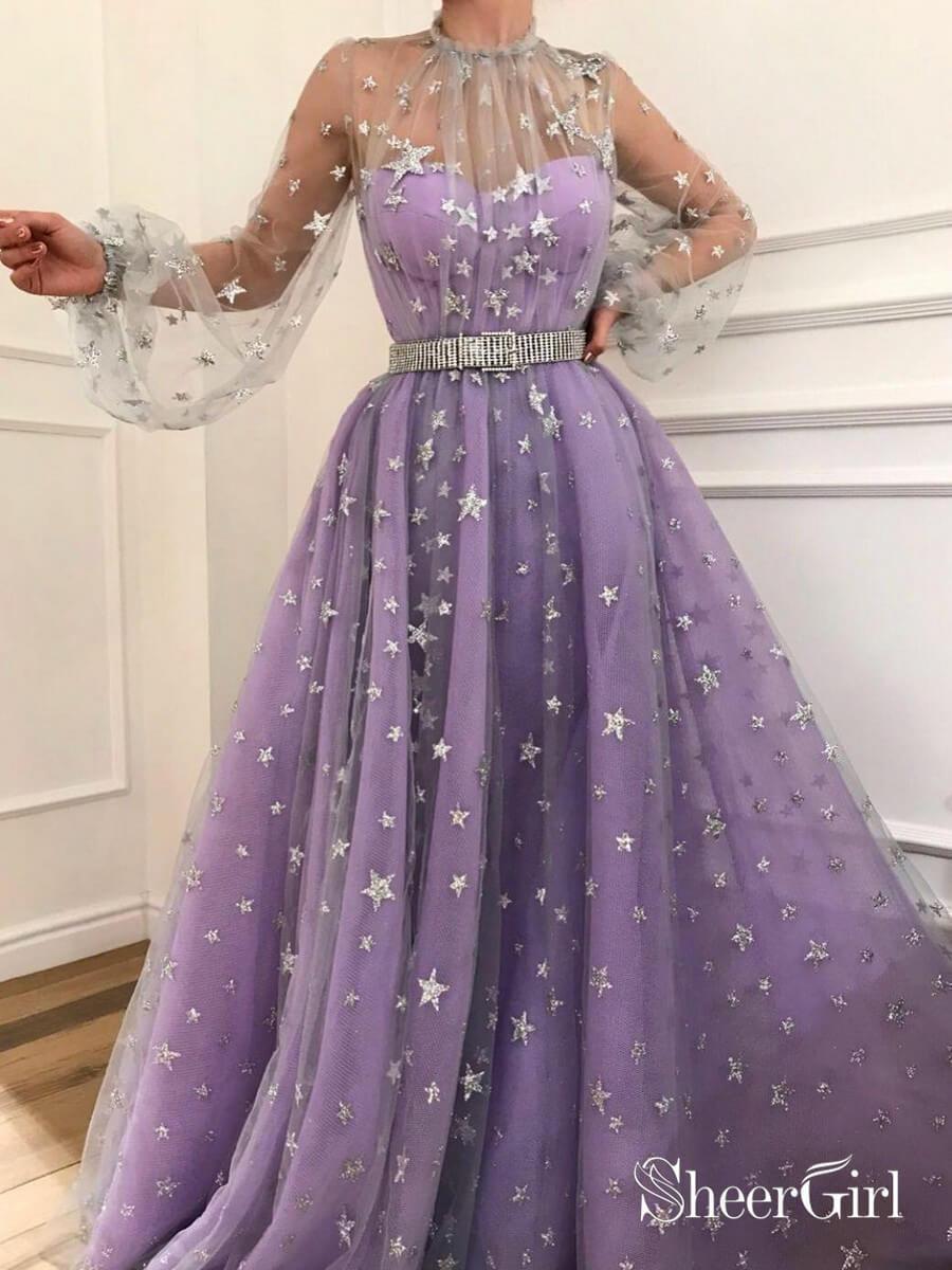 Long Sleeve See Through Lilac Star Lace Prom Dresses with Sleeves