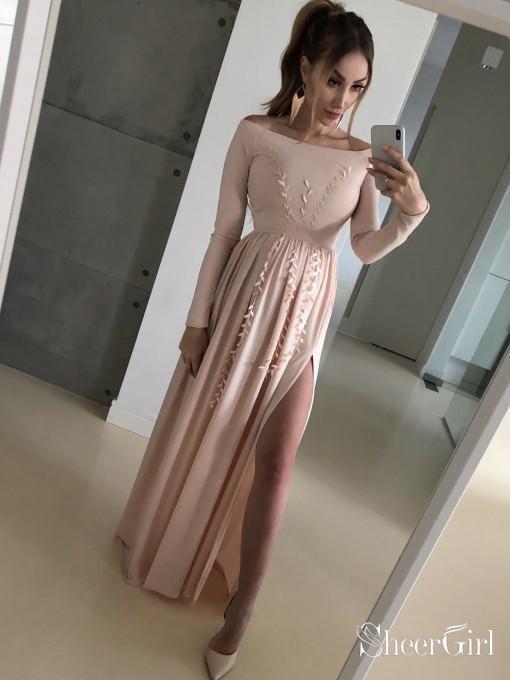 Long Sleeve Silver Prom Dresses Side Slit Blush Pink Lace Formal Maxi Dress ARD1849 Long Sleeve Silver Prom Dresses Side Slit Blush Pink Lace Formal Maxi Dress ARD1849