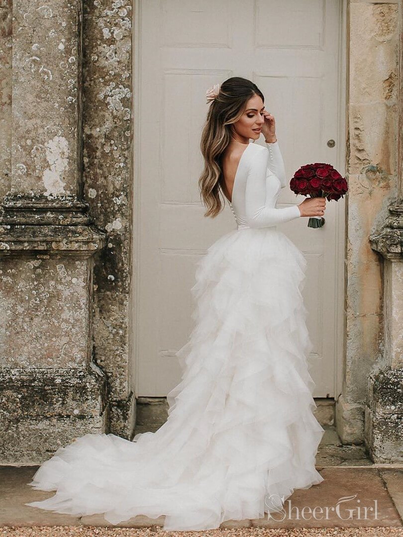 Vestidos de novia blancos marfil simples de manga larga con falda con volantes AWD1570 Vestidos de novia blancos marfil simples de manga larga con falda con volantes AWD1570