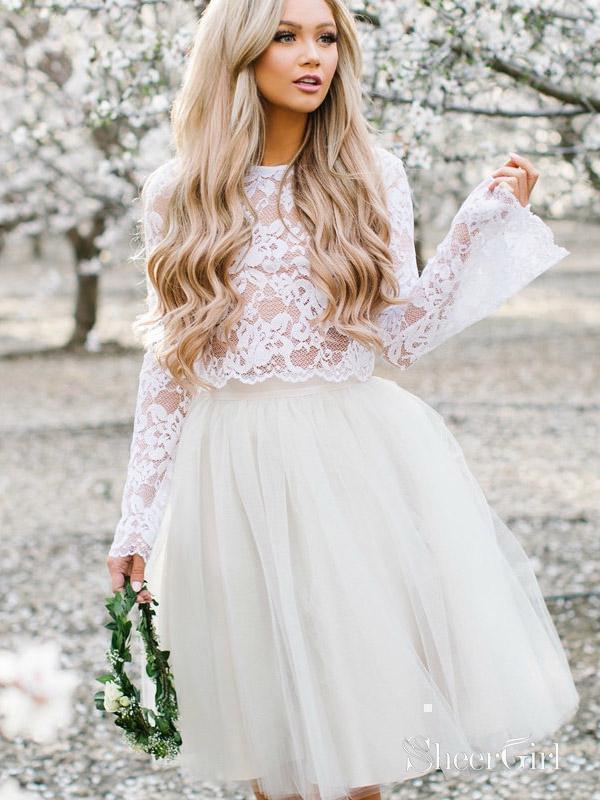 Long Sleeve Two Piece Homecoming Dresses See Through Lace Top Hoco