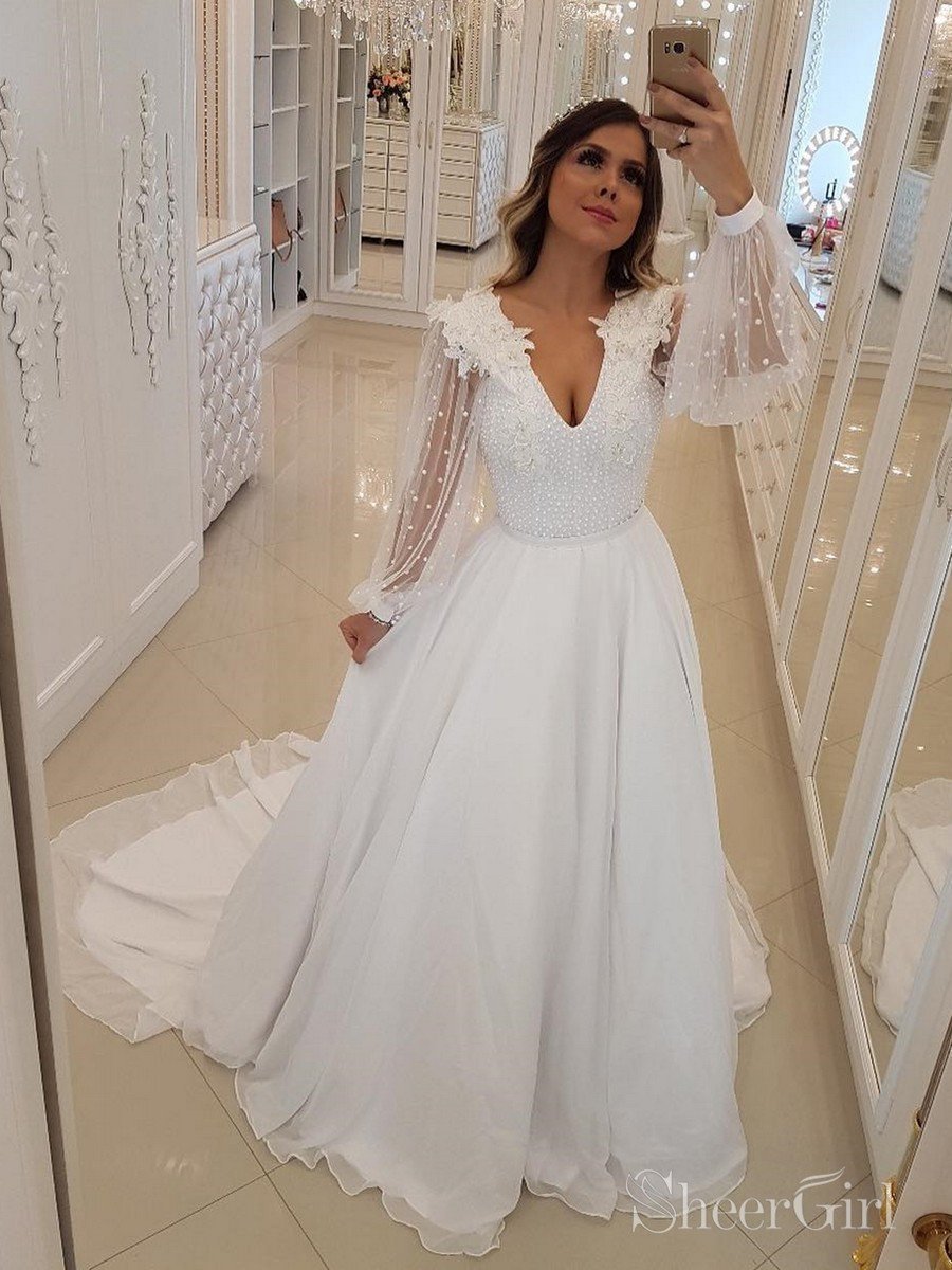 v neck long sleeve floral dress Long Sleeve V Neck Wedding Dresses Floral Applique Boho Wedding Gown AWD1560