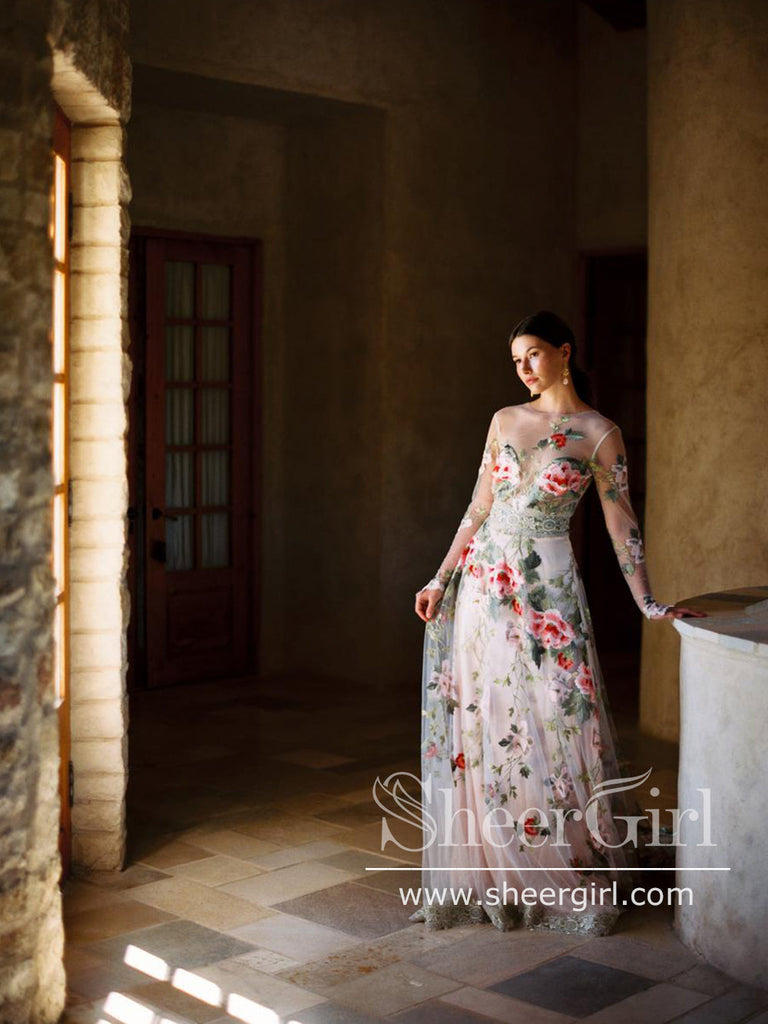 Long Sleeves Embroidery Prom Dresses with Bateau Neck Backless Prom Gown ARD2707-SheerGirl