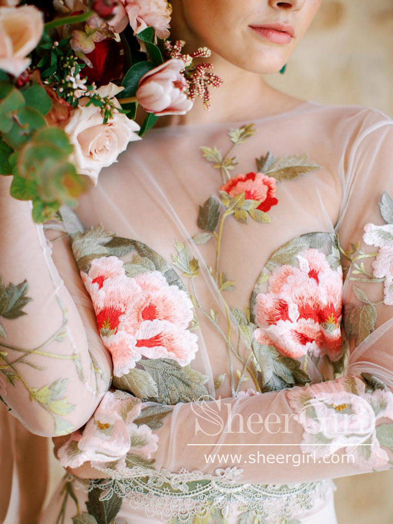 Long Sleeves Embroidery Prom Dresses with Bateau Neck Backless Prom Gown ARD2707-SheerGirl