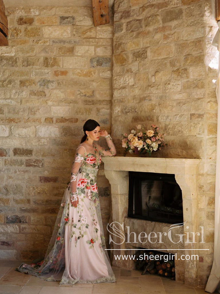 Long Sleeves Embroidery Prom Dresses with Bateau Neck Backless Prom Gown ARD2707-SheerGirl