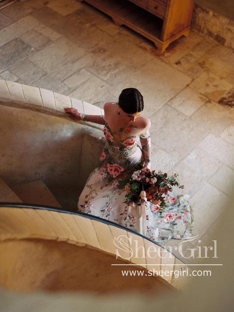 Long Sleeves Embroidery Prom Dresses with Bateau Neck Backless Prom Gown ARD2707-SheerGirl