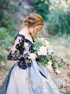Long Sleeves Halloween Wedding Dresses Black Appliqued Bridal Dresses AWD1638-SheerGirl