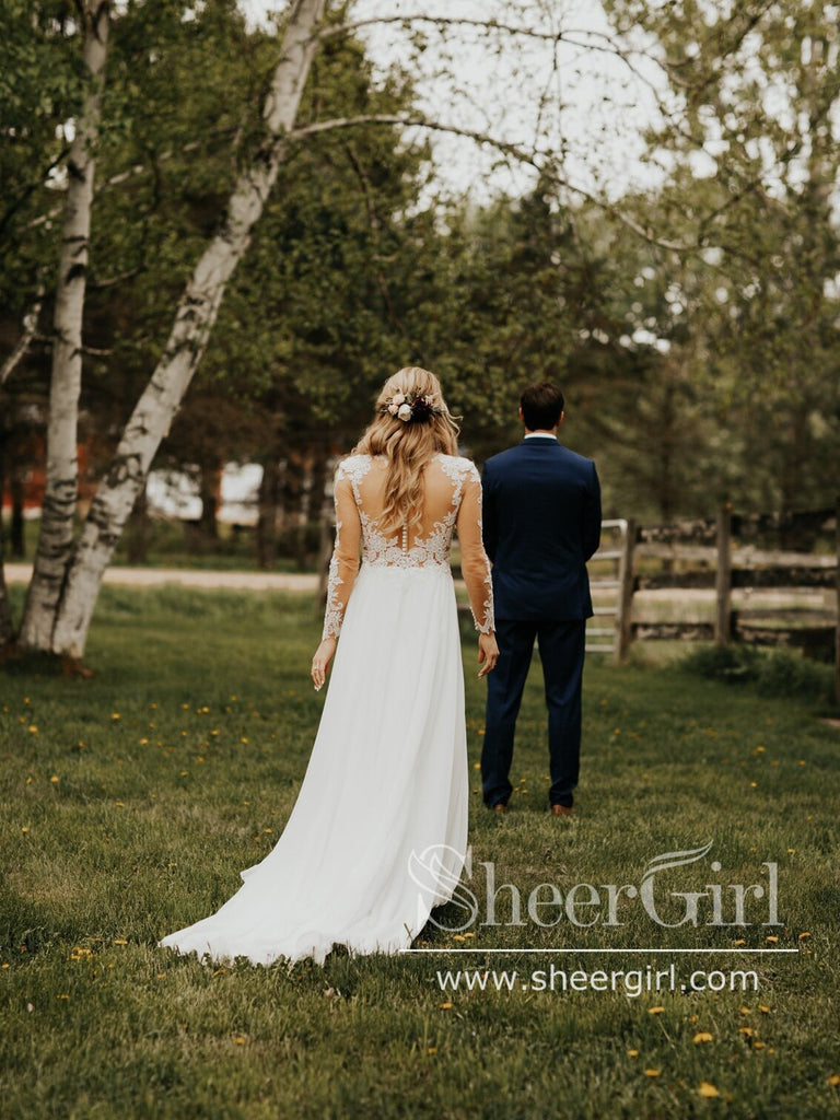 Long Sleeves Rustic Lace Weding Dresses Appliqued Ivory Beach Wedding Dress AWD1789-SheerGirl