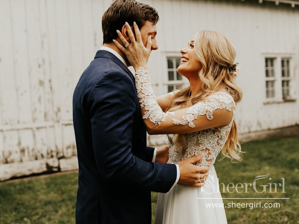 Long Sleeves Rustic Lace Weding Dresses Appliqued Ivory Beach Wedding Dress AWD1789-SheerGirl
