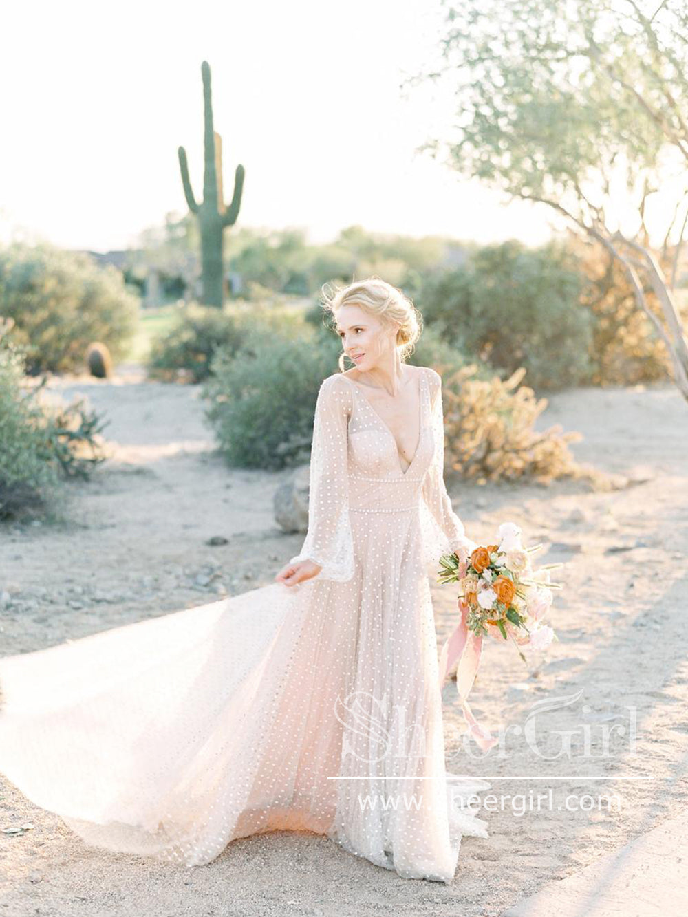 diamond lace long sleeve wedding dress Long Sleeves See Through V Neck Diamond A Line Wedding Dress AWD1839