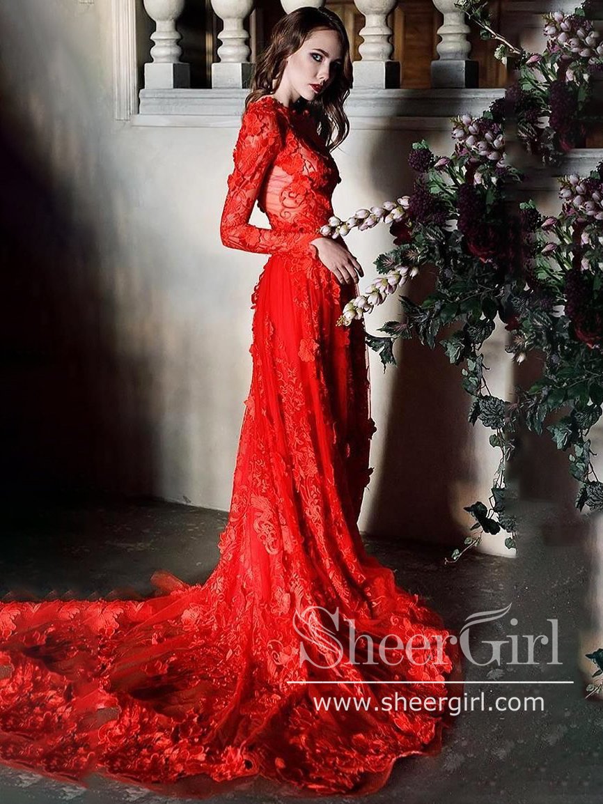 Long Sleeves Sheath Lace Prom Dress Red Wedding Dress with Chapel Trai SheerGirl