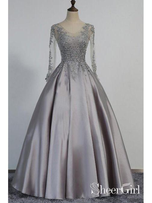 Long Sleeves Silver Grey Prom Dresses Beaded Lace Appiqued Evening Ball Gowns ARD1036 Long Sleeves Silver Grey Prom Dresses Beaded Lace Appiqued Evening Ball Gowns ARD1036