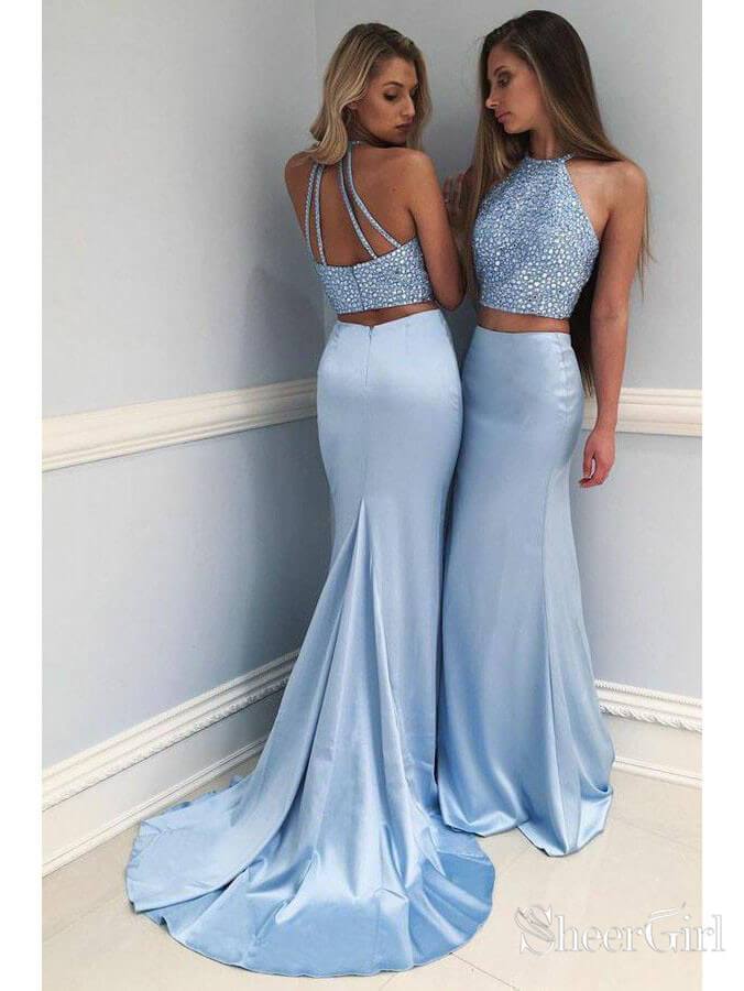 Long Two Piece Sky Blue Prom Dresses Beaded Spaghetti Strap Formal Dress  APD3388