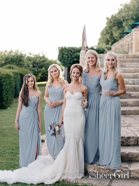 Long one Shoulder Cheap Dusty Blue Bridesmaid Dresses with Slit Mother of Bride Dress PB10079 Long one Shoulder Cheap Dusty Blue Bridesmaid Dresses with Slit Mother of Bride Dress PB10079