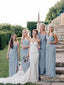 Vestidos de dama de honor largos, de un hombro, baratos, color azul polvoriento, con abertura, vestido de madre de novia PB10079