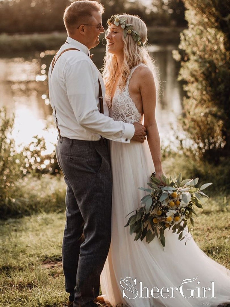 Luxurious Lace Bodice Tulle Skirt Bridal Gown with a Low V Back Minimalist Wedding Dresses AWD1665-SheerGirl