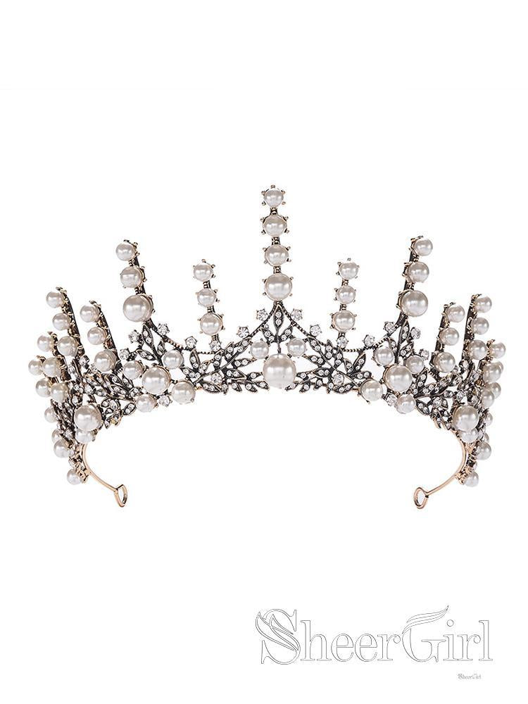 Luxury Gorgeous Gold/Antique Silver Metal Wedding Accessories Pearls Rhinestone Tiara TI6001-SheerGirl