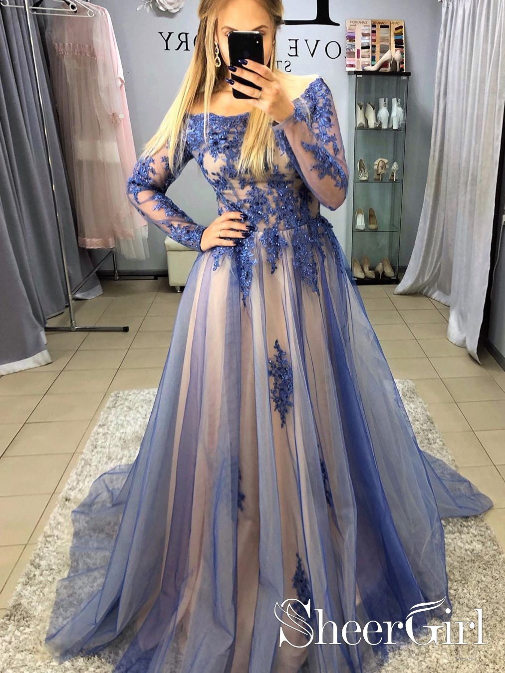 Mauve Tulle Appliqued Off Shoulder Long Sleeves Party Dress A Line Bal SheerGirl Mauve Tulle Appliqued Off Shoulder Long Sleeves Party Dress A Line Bal SheerGirl
