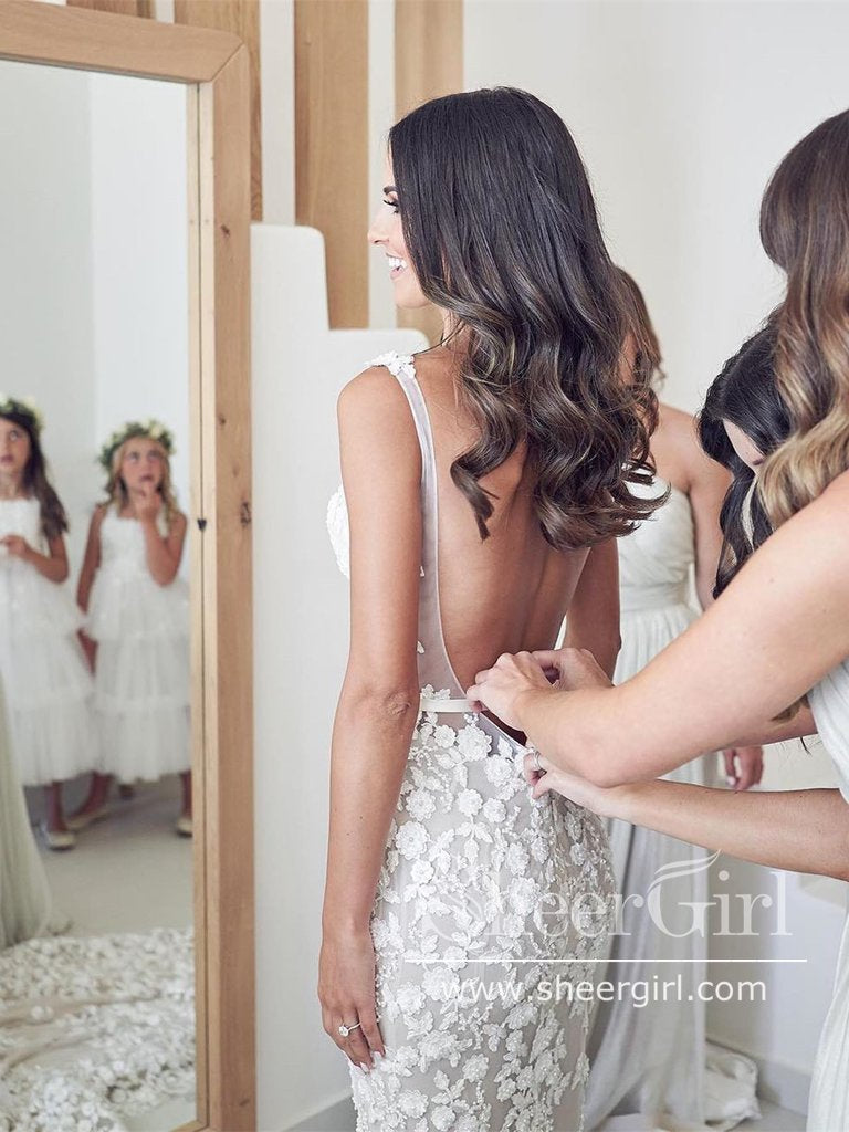 Mermaid Vintage Beaded Lace Bridal Gown with Deep V Neck Court Train Wedding Dress AWD1802-SheerGirl