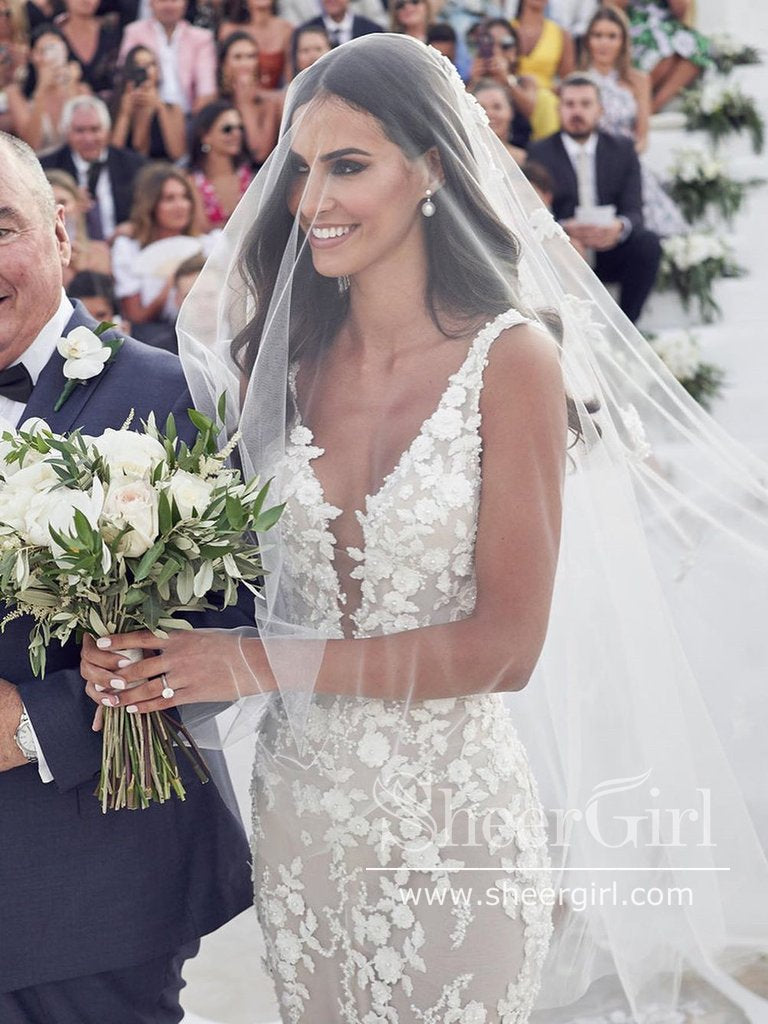 Mermaid Vintage Beaded Lace Bridal Gown with Deep V Neck Court Train Wedding Dress AWD1802-SheerGirl