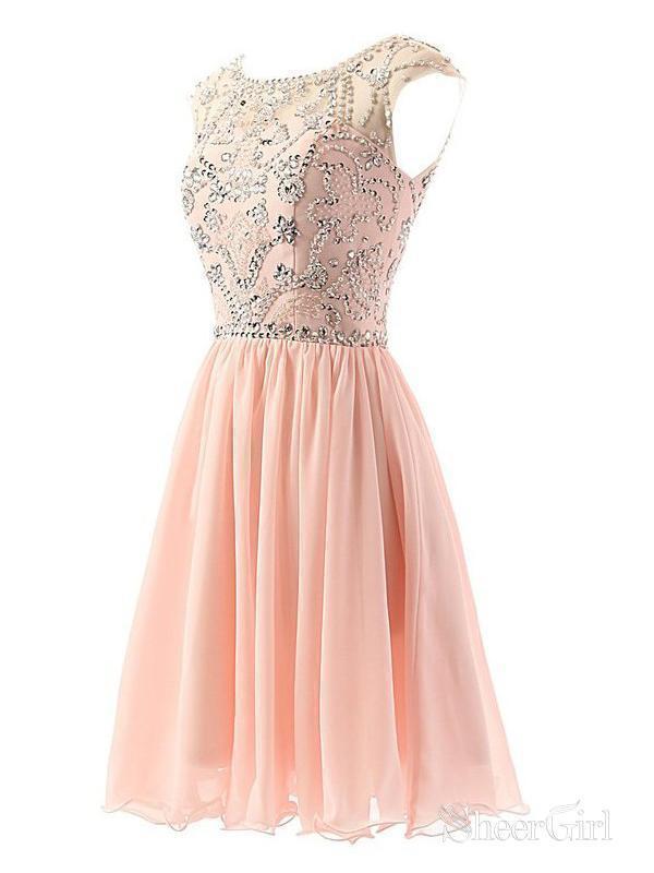 Mini V Neck Champagne Beaded Chiffon Peach Short Homecoming Dresses ARD1487 Mini V Neck Champagne Beaded Chiffon Peach Short Homecoming Dresses ARD1487