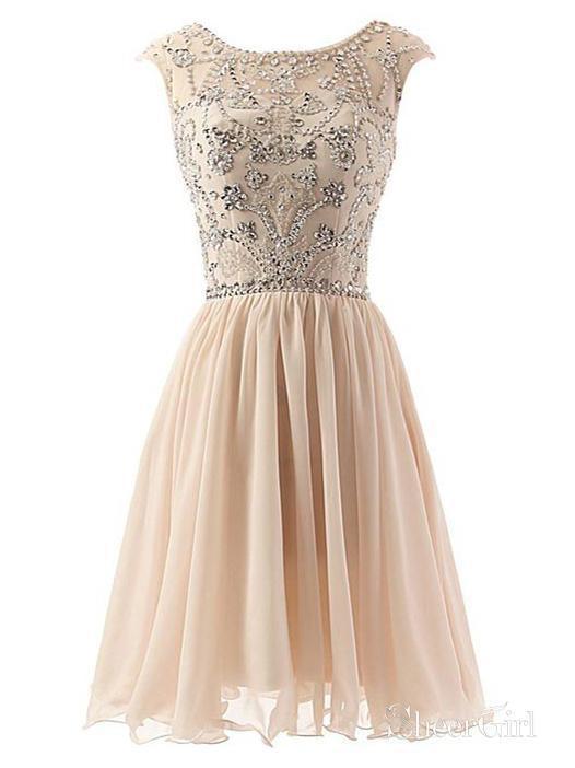 Cap Sleeve V Neck Beaded Chiffon Peach Short Homecoming Dresses SheerGirl Cap Sleeve V Neck Beaded Chiffon Peach Short Homecoming Dresses SheerGirl
