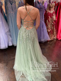 Mint Green Spaghetti Straps High Slit Evening Dress Appliqued Sweep Train Long Prom Dress ARD2919-SheerGirl